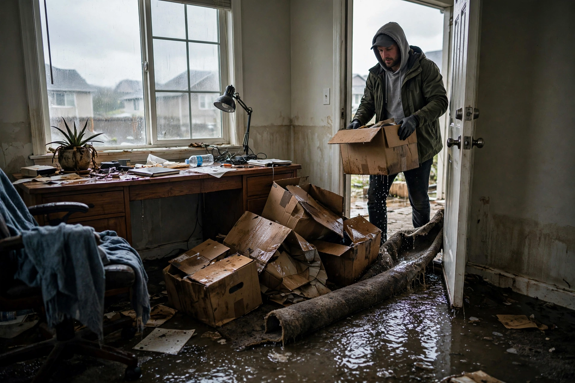 Homeowner photographing water damaged furniture and walls with a phone for insurance documentation