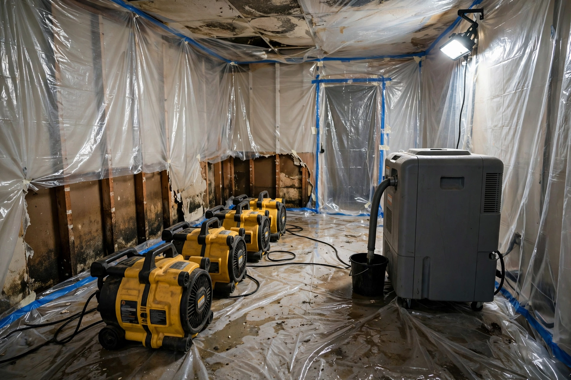 Technician checking moisture readings with a meter during structural drying